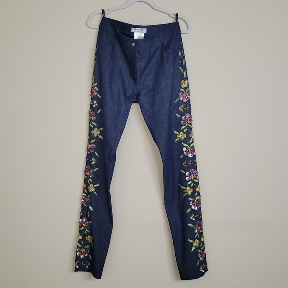 2002 Christian Dior VTG Blue Metallic Denim Pants w/Floral Embellishments - sz 8 - Picture 2 of 14